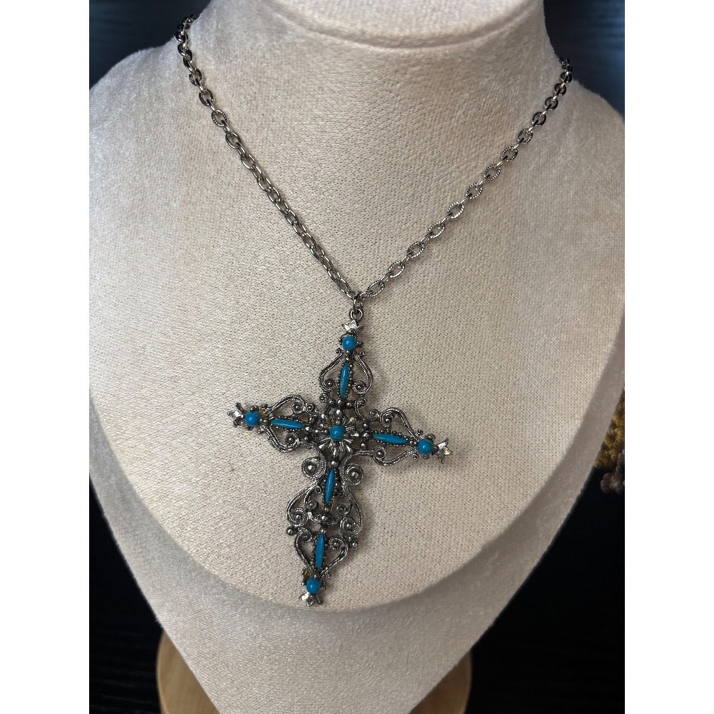 Vintage Silver Tone Filigree Cross Necklace Turquoise Western Boho Statement